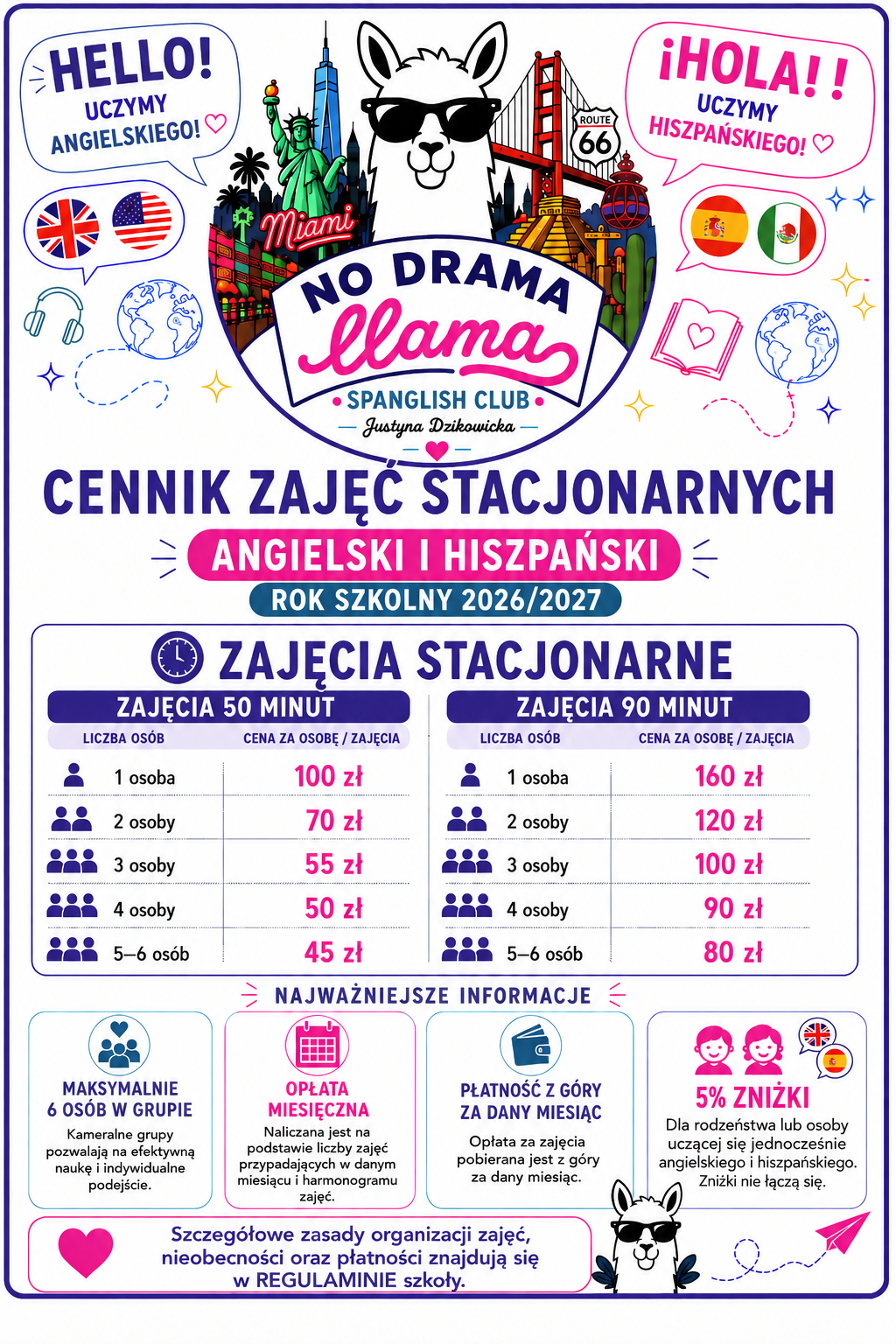 Cennik zajęć stacjonarnych NO DRAMA LLAMA na rok szkolny 2026/2027